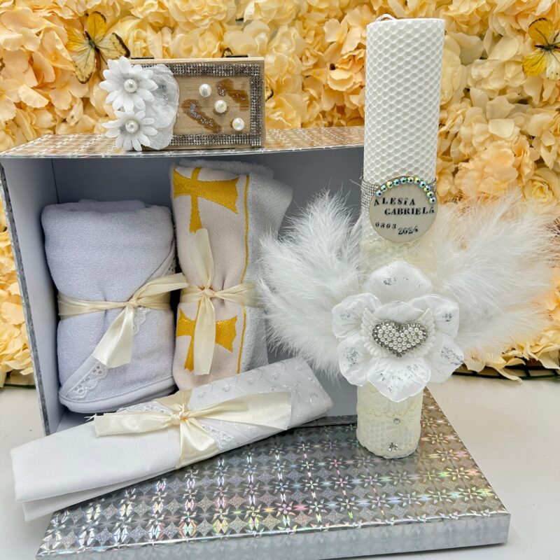 Trusou Botez cu Lumânare din Ceară Naturală Tip Fagure, Cutie Premium