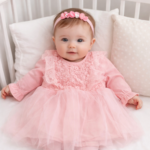 Trusou botez fetiță cu rochiță roz 3-6 luni și lumânare decorată ursuleț