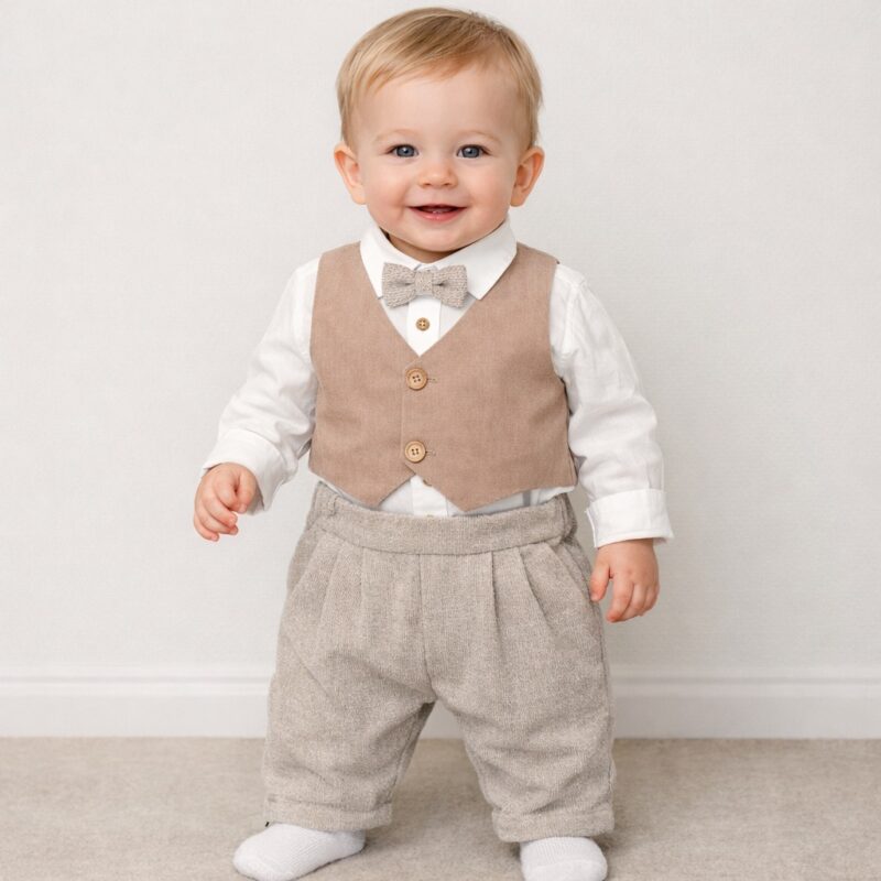 Set elegant băieți cu pantaloni, papion, vestă și body cămașă din bumbac fin – ocazii speciale