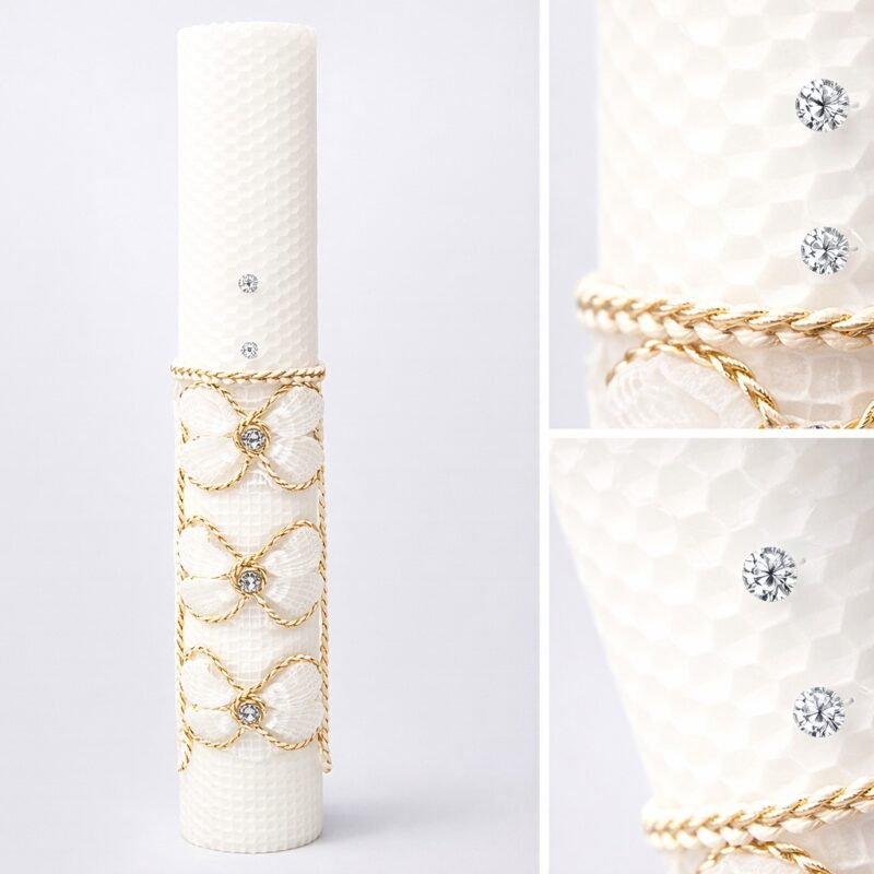 Lumânare botez din ceara naturala elegantă alb-ivory