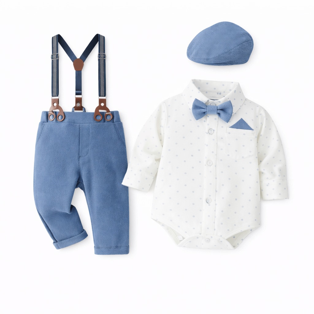 2664103D-D575-4F2F-A62A-A1F0A048E2AE Set băieți 3 piese cu pantaloni bleu, bretele, cămașă tip body și șapcă – ținută elegantă pentru ocazii speciale