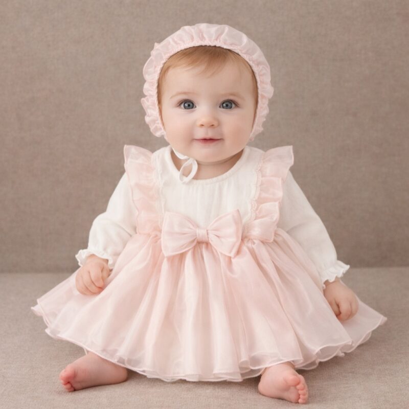 Rochiță din satin alb și roz pentru fetițe de iarna – ținută elegantă pentru botez și ocazii speciale