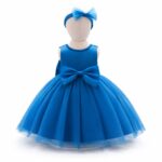 Rochiță Satin Fetițe Albastru Intens cu Fustă din Tulle Vapuros și Bentiță Asortată – Model Elegant pentru Ocazii Speciale