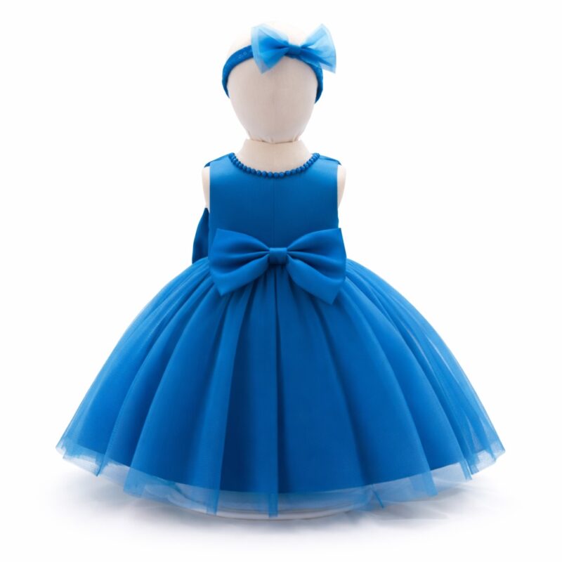 Rochiță Satin Fetițe Albastru Intens cu Fustă din Tulle Vapuros și Bentiță Asortată – Model Elegant pentru Ocazii Speciale