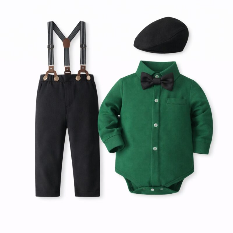 Set băieți 3 piese elegant – pantaloni cu bretele, cămașă verde body și șapcă pentru botez și ocazii