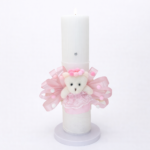 Trusou botez fetiță cu rochiță roz 3-6 luni și lumânare decorată ursuleț