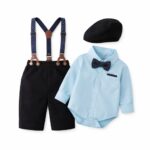 Set Complet Băieți Elegant cu Cămașă Body Bleu, Pantaloni Negri, Bretele și Beretă – Ținută Premium pentru Ocazii Speciale