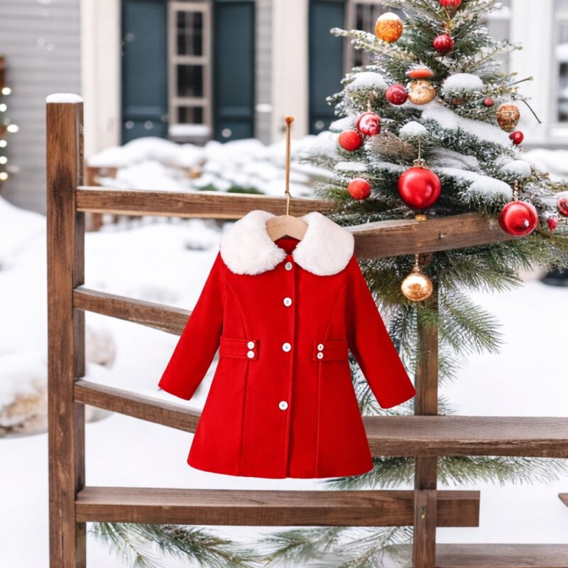 Palton roșu elegant pentru fetițe cu guler de blăniță – Palton călduros iarnă