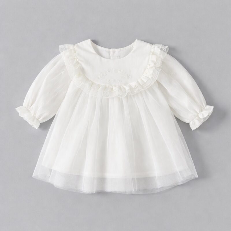 Rochiță albă elegantă din satin și tulle pentru fetițe – model premium pentru botez și evenimente