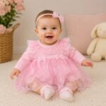 Trusou botez fetiță cu rochiță roz 3-6 luni și lumânare decorată ursuleț - imagine 4