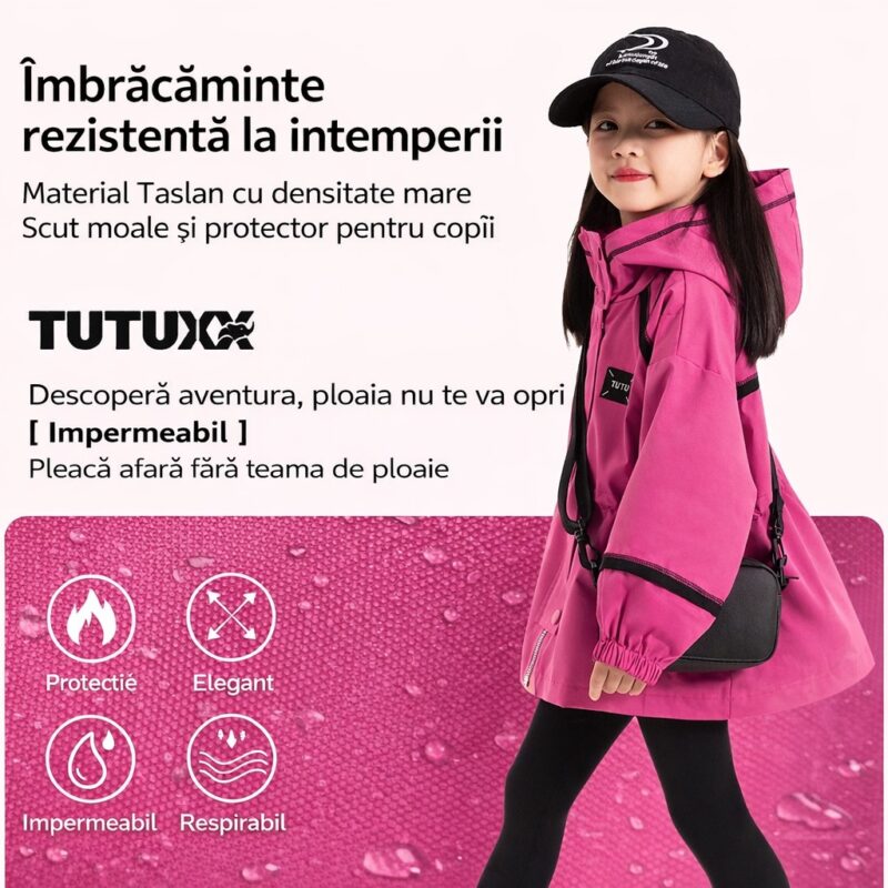 Geacă fetițe 2 în 1 impermeabilă cu glugă – geacă călduroasă copii pentru iarnă și toamnă