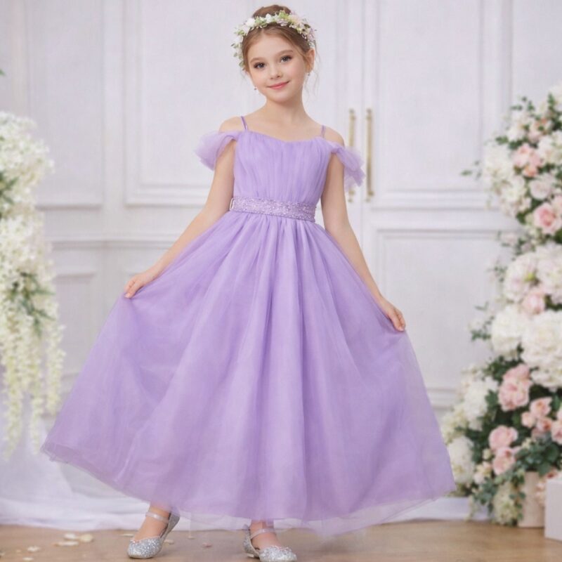 Rochiță Satin Fetițe Mov Pastel cu Tulle Vapuros și Volane Delicate – Model Elegant pentru Ocazii Speciale