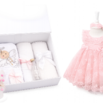 Trusou botez fetiță cu rochiță roz 3-6 luni și lumânare decorată ursuleț