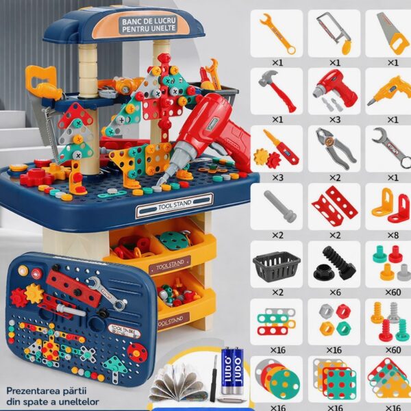 Joc de construit 386 piese pentru copii – set educativ cu masă de lucru și unelte