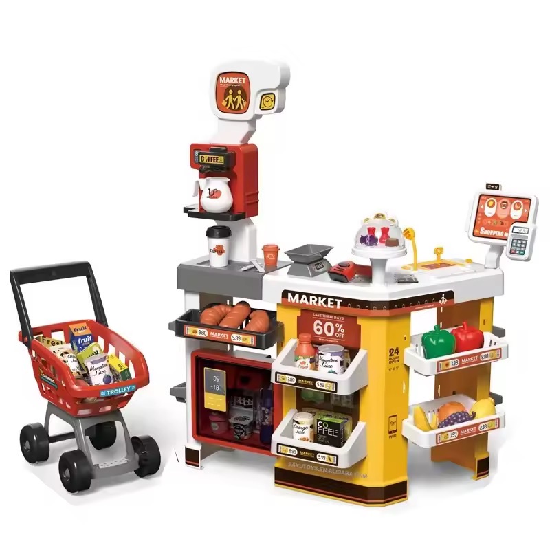 Set supermarket pentru copii cu cărucior și accesorii – joc interactiv educativ