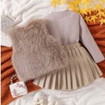 Set elegant fetițe cu bolero blăniță, rochiță plisată și bluză tricotată – ținută completă pentru evenimente