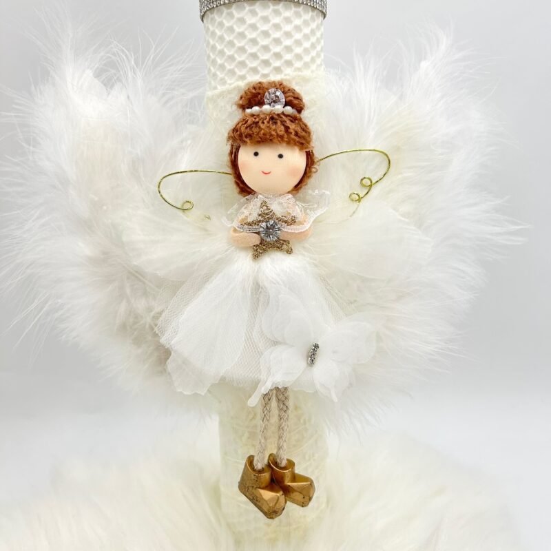 Lumânare botez din ceară naturală tip fagure cu îngeraș – lucrată manual