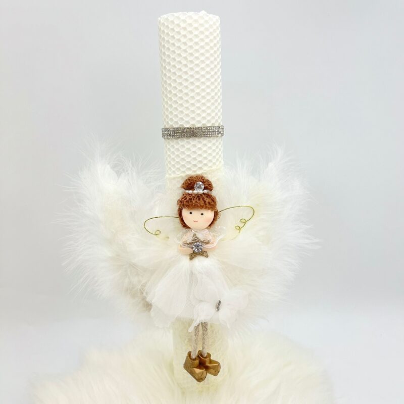 Lumânare botez din ceară naturală tip fagure cu îngeraș – lucrată manual