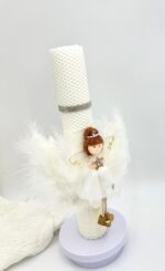 Lumânare botez din ceară naturală tip fagure cu îngeraș – lucrată manual