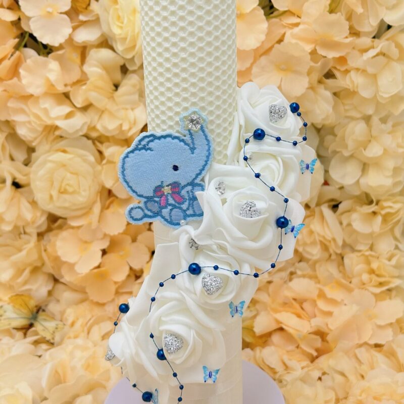 Lumanare Botez din Ceara naturala Fagure cu Elefant Bleu si Flori Albe