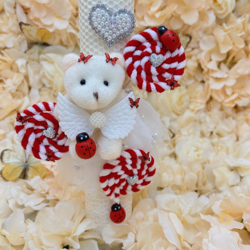 Lumanare Botez din Ceara de Albine Tip Fagure Handmade cu Ursulet si Decor Alb-Rosu – Model Premium pentru Fete si Baieti