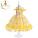 Rochiță Satin Fetițe Galben Pastel cu Tulle Vapuros și Fundițe Delicate – Model Elegant pentru Ocazii Speciale