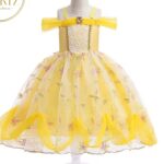 Rochiță Satin Fetițe Galben Pastel cu Tulle Vapuros și Fundițe Delicate – Model Elegant pentru Ocazii Speciale