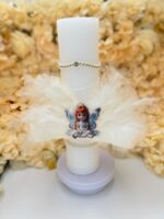 Trusou botez copii complet în cutie argintie cu lumânare decorată cu fulgi naturali de struț