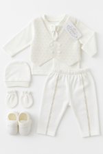 Set Nou-Născut Băieți Ivory cu Vestă Elegantă și Accesorii Complete – Bumbac Moale, 0-3 luni