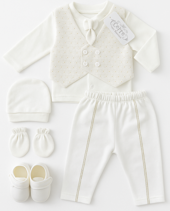 Set Nou-Născut Băieți Ivory cu Vestă Elegantă și Accesorii Complete – Bumbac Moale, 0-3 luni