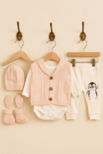 Set Vestă Tricotată și Pinguin 3-6-9 Luni