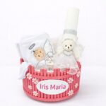 Trusou botez fete premium, lucrat manual, cu lumânare din ceară naturală tip fagure și cutie din lemn