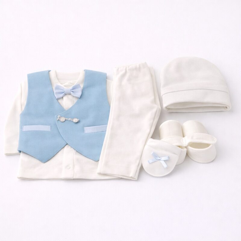 Set botez băiețel elegant alb crem 0–3 luni – ținută completă cu vestă și papion