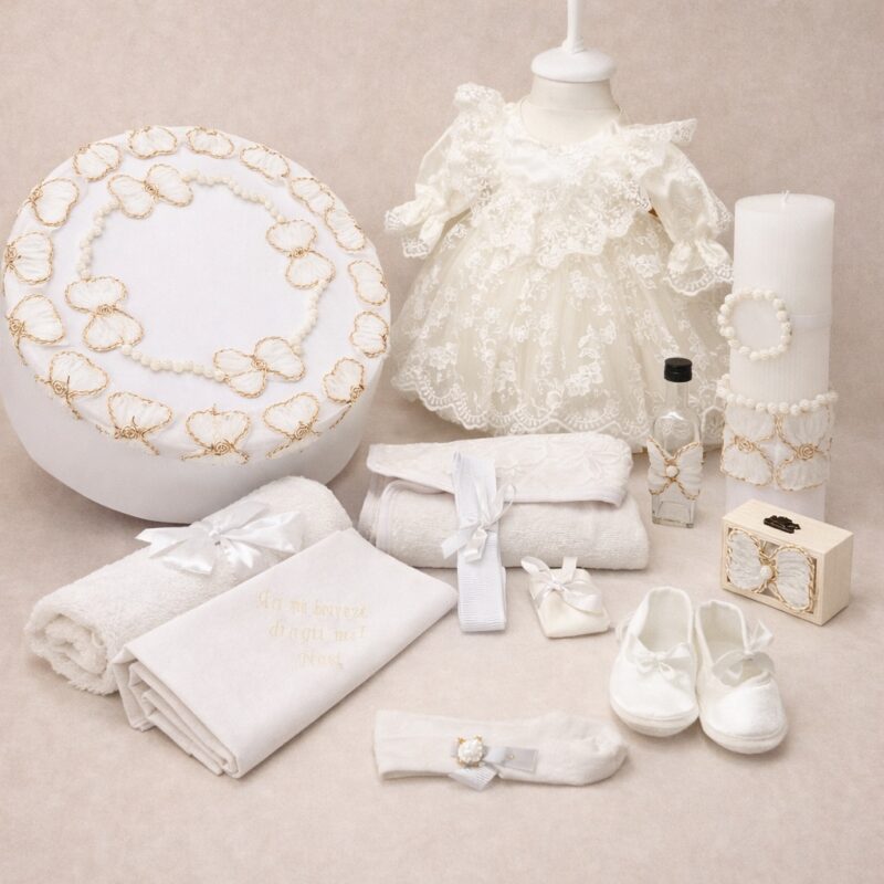 Trusou botez fetiță unicat realizat manual cu rochita 0-3 luni