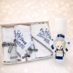 Set botez băiețel personalizat cu lumânare realizată manual și trusou complet