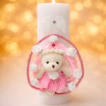 Set botez fetiță roz, realizat manual, cu lumânare și cutie decorativă cu ursuleț