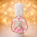 Set botez fetiță roz, realizat manual, cu lumânare și cutie decorativă cu ursuleț