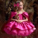 Rochie elegantă din satin roz pentru fetițe 4–5 ani, cu funde pe umeri și fustă din tul