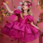 Rochie elegantă din satin roz pentru fetițe 4–5 ani, cu funde pe umeri și fustă din tul