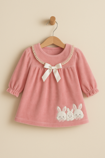 ROCHIE DE CATIFEA BRODATĂ CU IEPURE 6-9-12 Luni