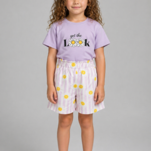 Set copii 3-7 ani 2 piese cu tricou mov, pantaloni scurți și imprimeu Look