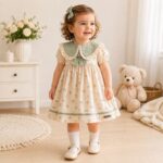 Rochiță elegantă fetițe 6-24 luni cu guler verde și imprimeu floral, bumbac premium