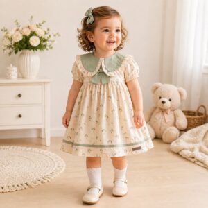 Rochiță elegantă fetițe 6-24 luni cu guler verde și imprimeu floral, bumbac premium