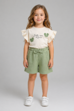 Set fete 2-5 ani cu tricou, pantaloni scurți și broderie fluture, verde sau maro