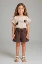 Set fete 2-5 ani cu tricou, pantaloni scurți și broderie fluture, verde sau maro - imagine 3