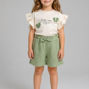 Set fete 2-5 ani cu tricou, pantaloni scurți și broderie fluture, verde sau maro