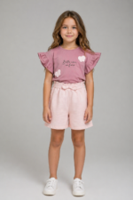 Set fete 2-5 ani tricou și pantaloni scurți bumbac cu imprimeu și broderie fluture