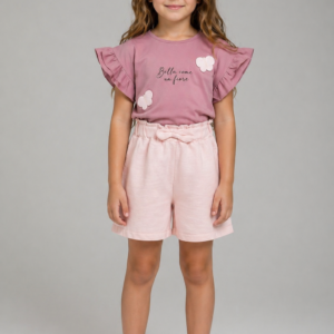 Set fete 2-5 ani tricou și pantaloni scurți bumbac cu imprimeu și broderie fluture
