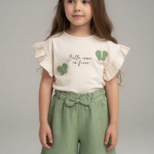 Set fete 2-5 ani cu tricou, pantaloni scurți și broderie fluture, verde sau maro
