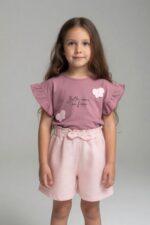 Set fete 2-5 ani tricou și pantaloni scurți bumbac cu imprimeu și broderie fluture - imagine 2